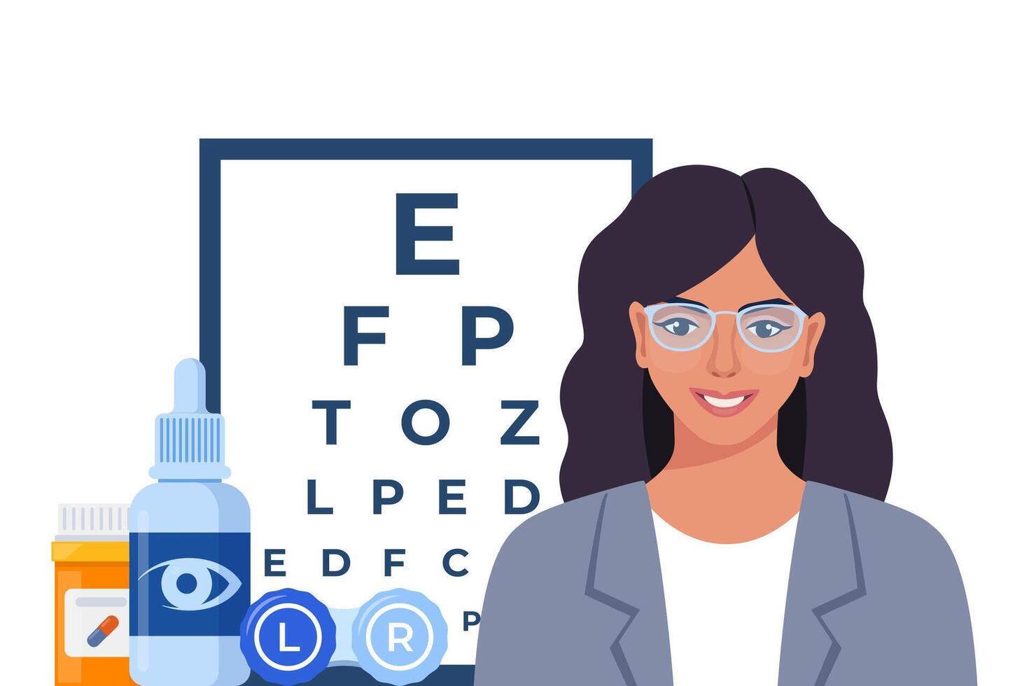 Ophthalmology icon composition. Glasses, eye drops, contact lenses, test table with letters for eye examination. Vision correction. Ophthalmology concept. vector