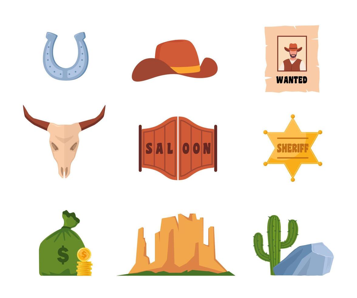 Wild West icons, set. Western and cowboy elements. Signboard, saloon door, wanted poster, sheriff badge, cactus, cow skull, cowboy hat, revolver, wagon. Texas symbols. vector