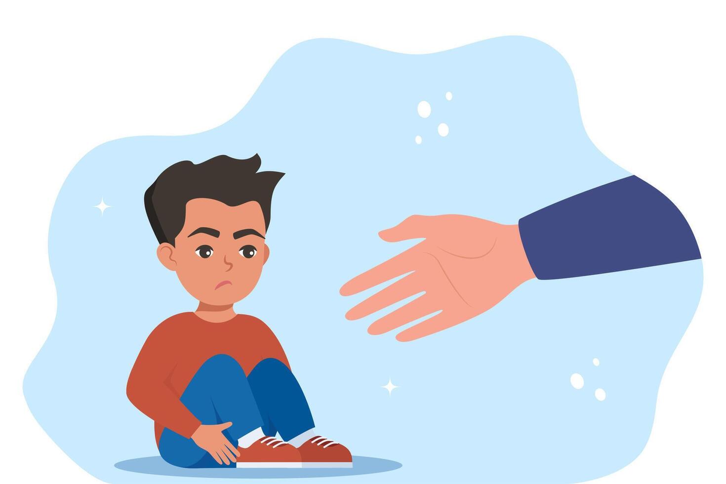 Human hand helps unhappy and sad kid in depression sitting. Mental health concept. vector