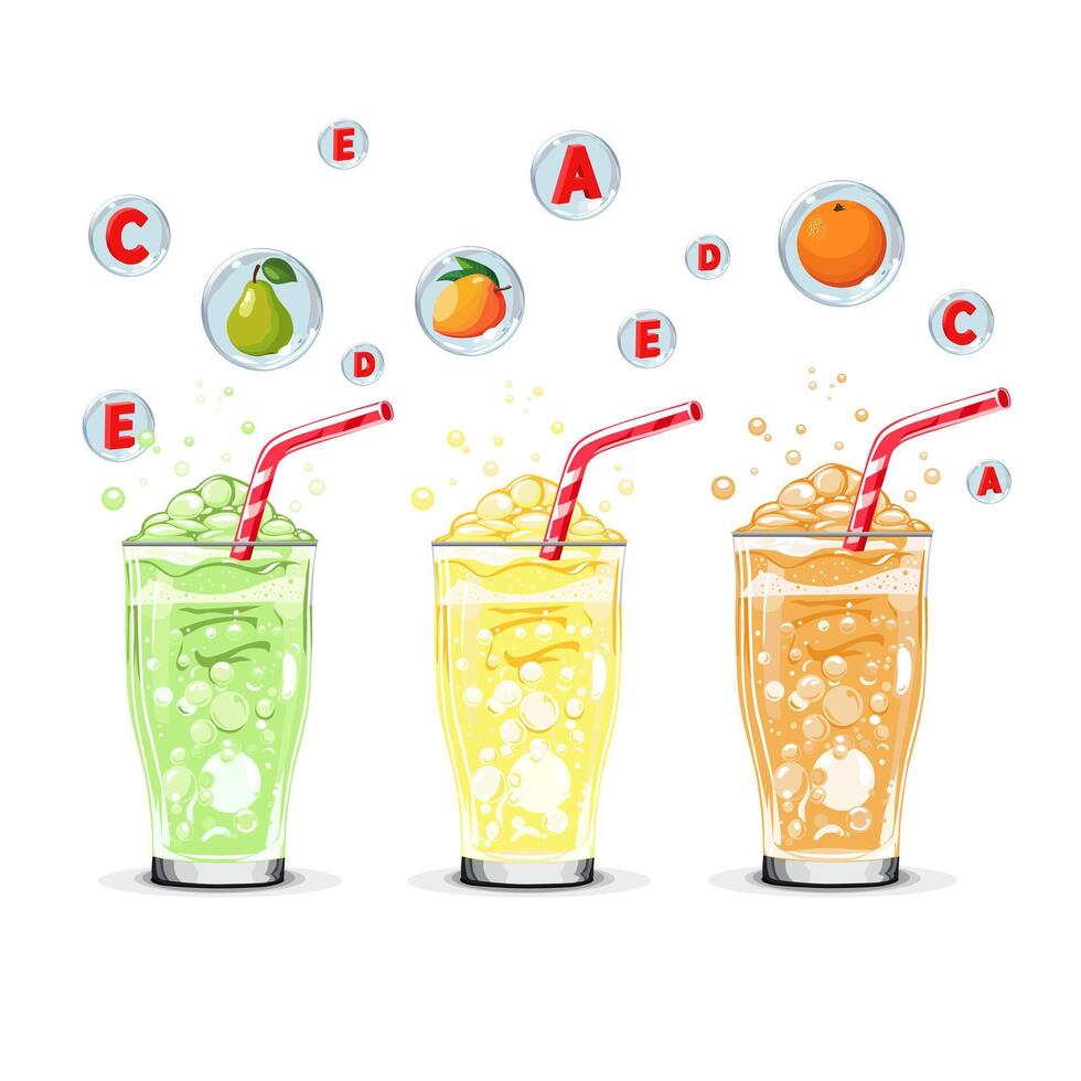 Healthy green, orange and yellow oxygen cocktails with fruit in air bubbles. Isolated illustration on white background. Summer drink for flat design of cards, banner, presentations, logo, poster vector