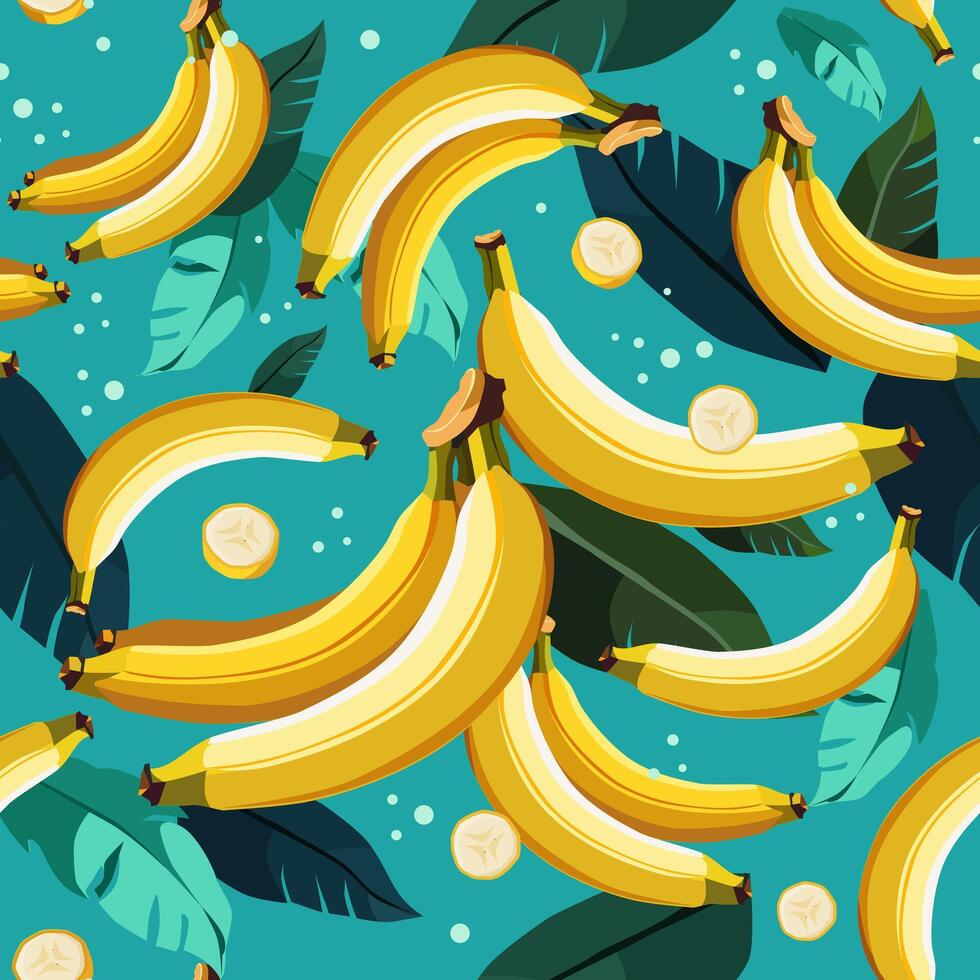 seamless pattern with yellow bananas and green leaves. Isolated illustration on blue background. Summer fruit design for fabric, textiles, bed linen, children's clothing, scrapbooking vector