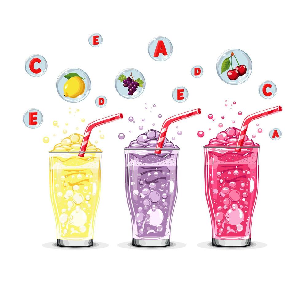 Healthy pink, purple and yellow oxygen cocktails with fruit in air bubbles. Isolated illustration on white background. Summer drink for flat design of cards, banner, presentations, logo, poster vector