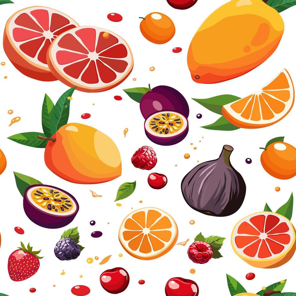 sin costura modelo con frutas, bayas y verde hojas. aislado ilustración en blanco antecedentes. verano Fruta diseño para tela, textiles, cama lino, para niños ropa, scrapbooking vector