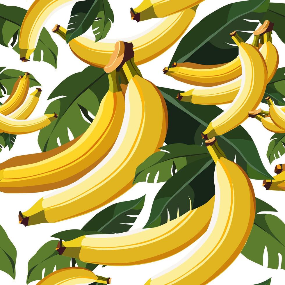 seamless pattern with yellow bananas and green leaves. Isolated illustration on white background. Summer fruit design for fabric, textiles, bed linen, children's clothing, scrapbooking vector