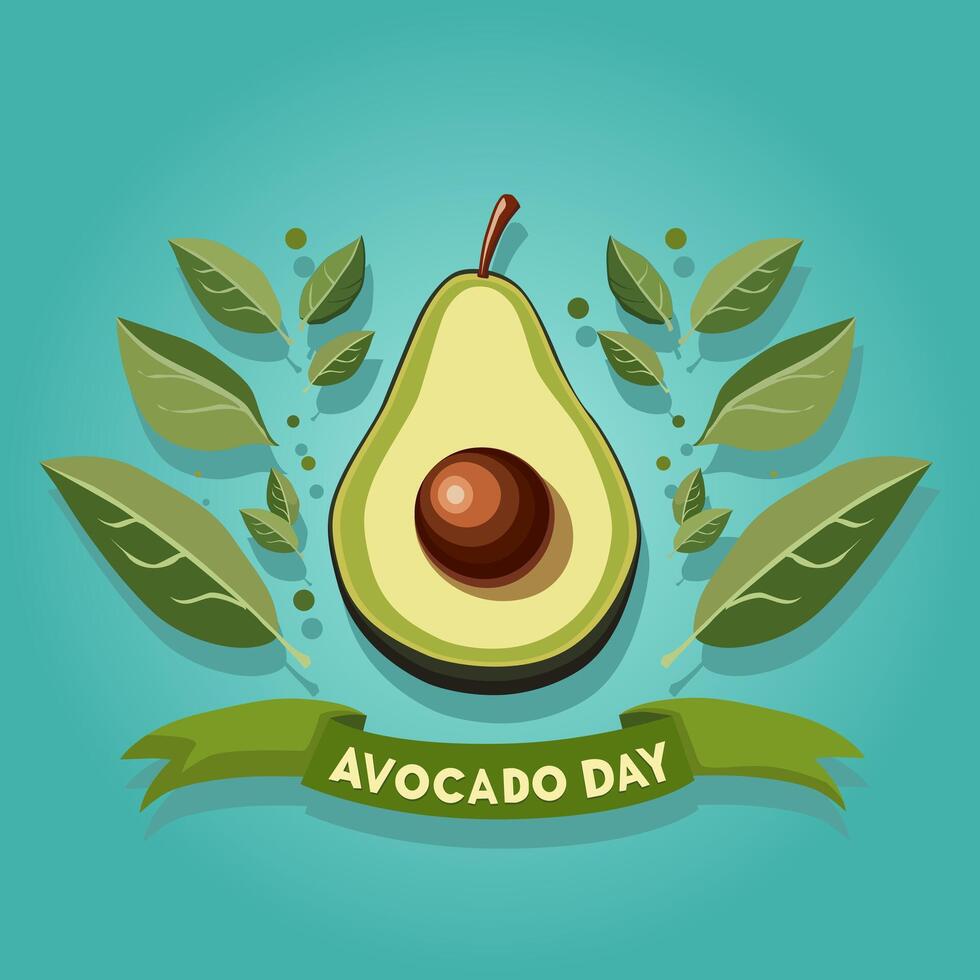 Fresh half cut green avocado with leaves and text. Banner for Avocado Day. Side view clipart isolated on blue background. Summer food illustration in flat style for design for party vector
