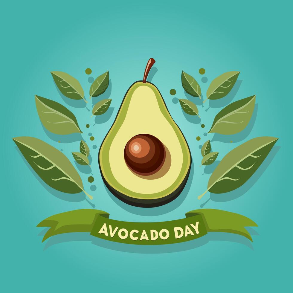 Fresco medio cortar verde aguacate con hojas y texto. bandera para aguacate día. lado ver clipart aislado en azul antecedentes. verano comida ilustración en plano estilo para diseño para fiesta vector