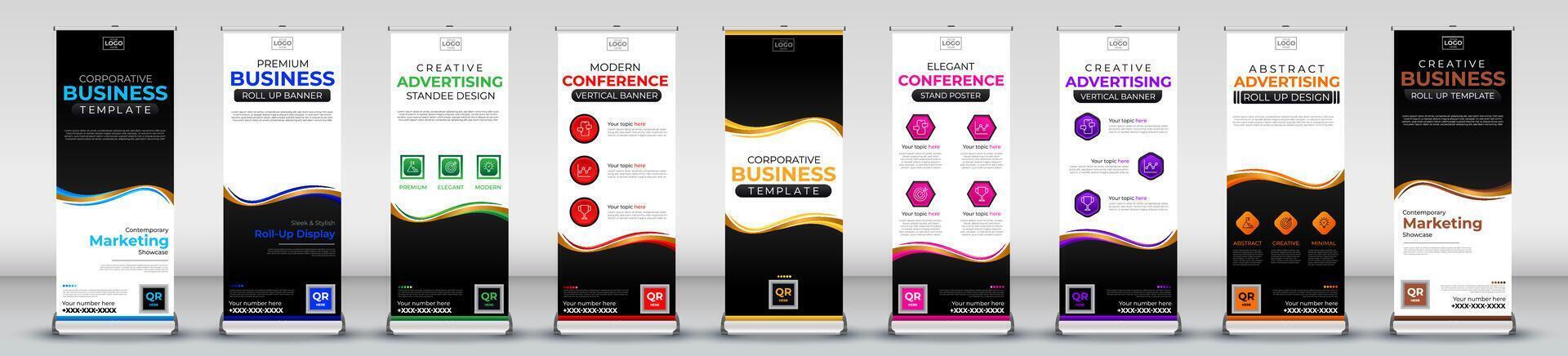 Roll up banner collection for meetings, events, promotions, marketing in light blue, blue, green, red, yellow, pink, purple, orange, brown print ready colours vector