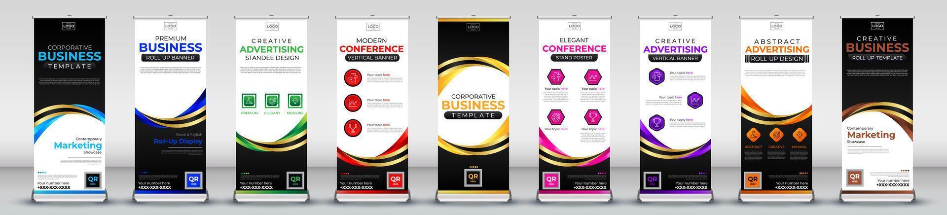 Roll up banner collection for meetings, events, promotions, marketing in light blue, blue, green, red, yellow, pink, purple, orange, brown print ready colours vector