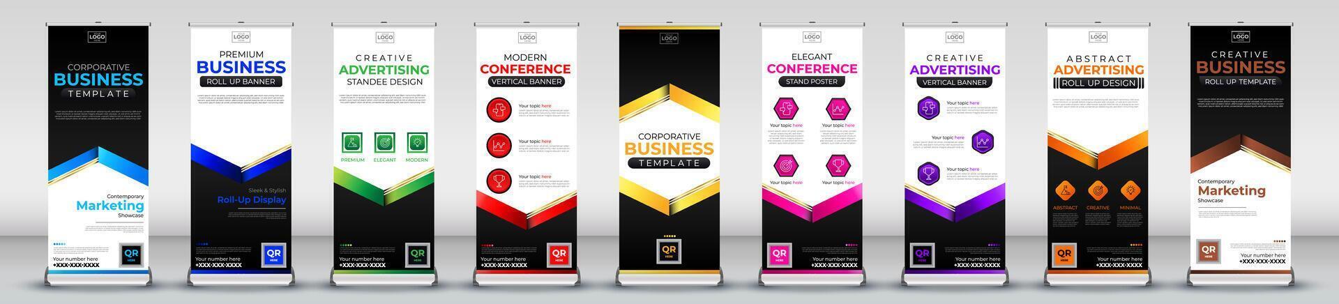 Roll up banner collection for meetings, events, promotions, marketing in light blue, blue, green, red, yellow, pink, purple, orange, brown print ready colours vector