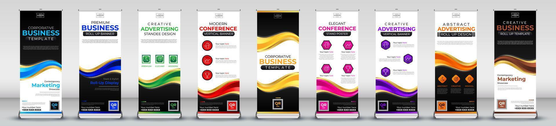 Roll up banner collection for meetings, events, promotions, marketing in light blue, blue, green, red, yellow, pink, purple, orange, brown print ready colours vector