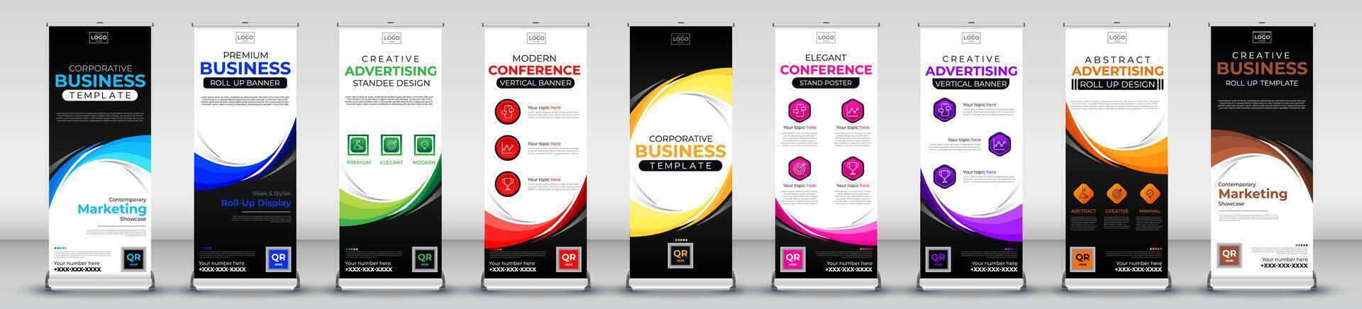 Roll up banner collection for meetings, events, promotions, marketing in light blue, blue, green, red, yellow, pink, purple, orange, brown print ready colours vector