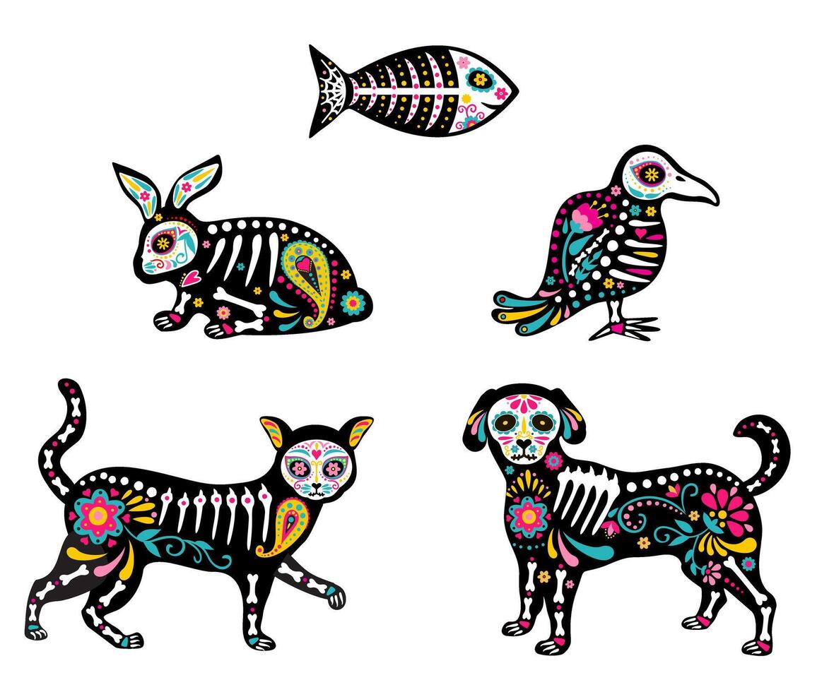 Mexican animal skulls, festive dog, bird, cat and fish. Dia de los Muertos, Mexican Day of Dead. Animals skeletons, Halloween celebration spooky cute characters. Nowaday day of dead vector