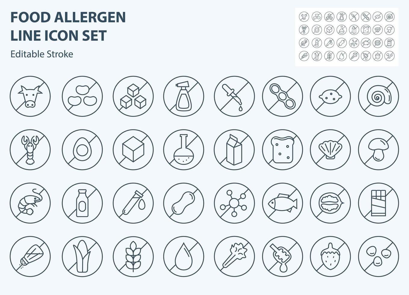 Allergen ingredients line icons. Product free allergen ingredient symbols. Gluten free, sugar, lactose, hormone, without peanut, no soy, fat minimal vector