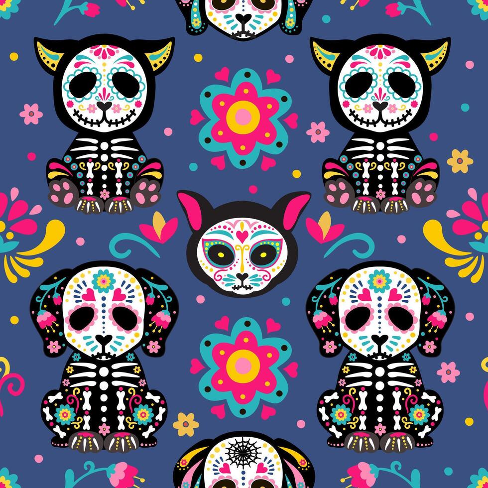 Cute cartoon dog and cat bright seamless pattern. Skeleton cats, dog and flowers. Muertos pattern with skull. Mexico day dead holiday vector
