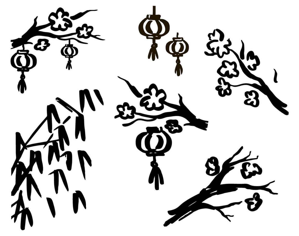 Chinese Lanterns hang on cherry tree. Japanese paper lights sketch japanese illustration ink design elements vector
