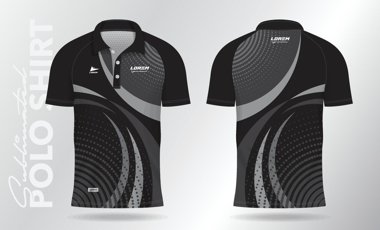 negro polo jersey camisa Bosquejo modelo diseño para bádminton, tenis, fútbol, fútbol americano o deporte uniforme en frente ver y espalda vista. vector