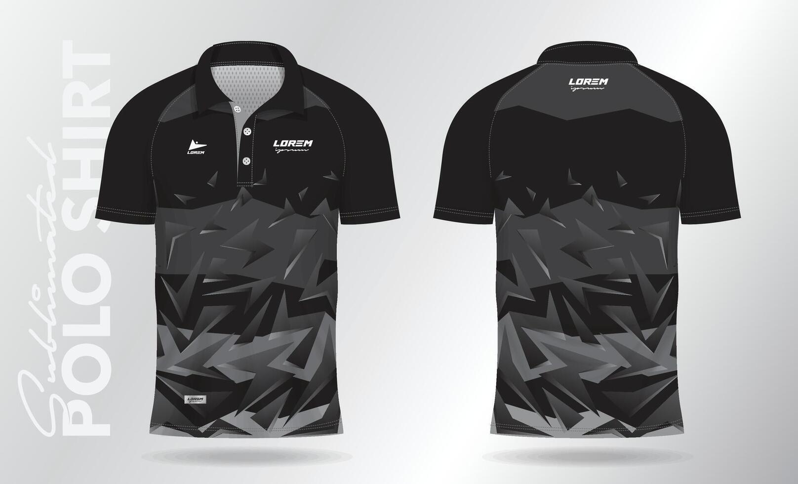 negro polo jersey camisa Bosquejo modelo diseño para bádminton, tenis, fútbol, fútbol americano o deporte uniforme en frente ver y espalda vista. vector