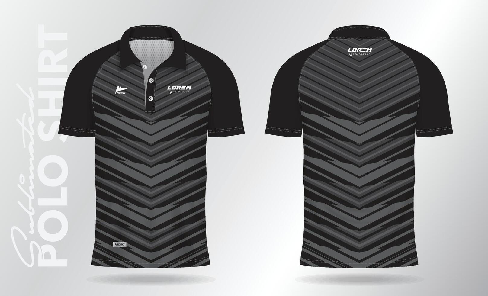 negro polo jersey camisa Bosquejo modelo diseño para bádminton, tenis, fútbol, fútbol americano o deporte uniforme en frente ver y espalda vista. vector