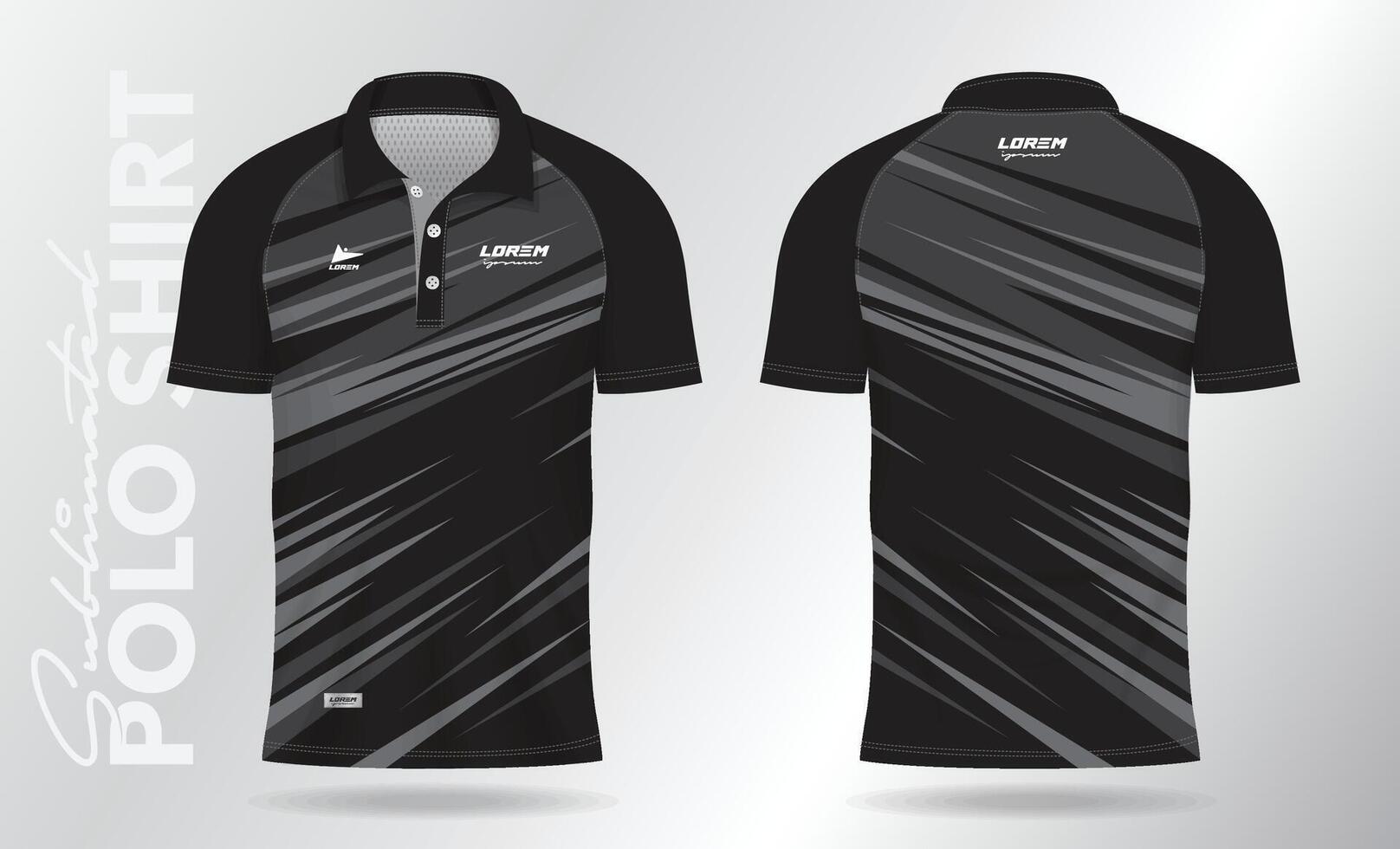 negro polo jersey camisa Bosquejo modelo diseño para bádminton, tenis, fútbol, fútbol americano o deporte uniforme en frente ver y espalda vista. vector