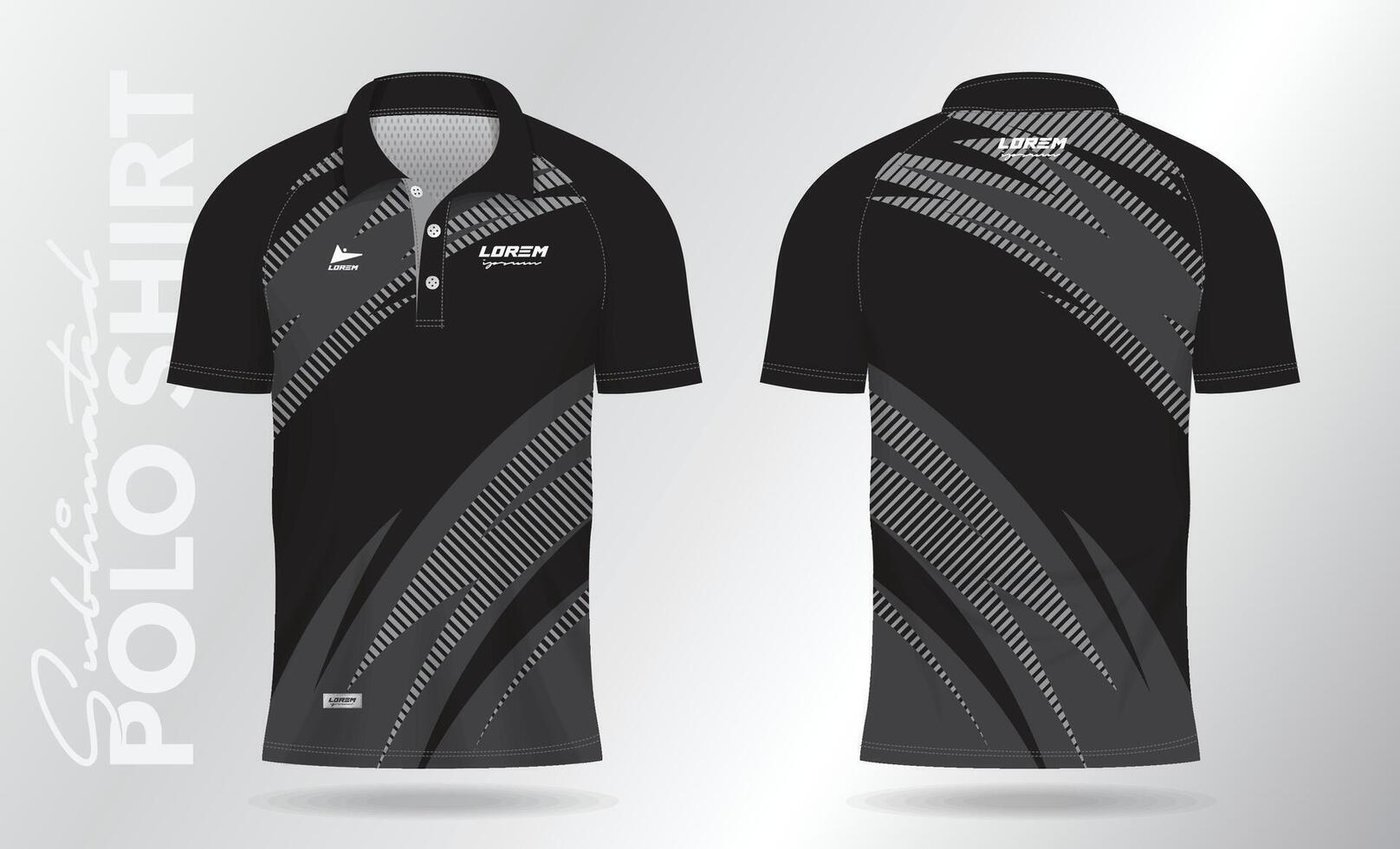 negro polo jersey camisa Bosquejo modelo diseño para bádminton, tenis, fútbol, fútbol americano o deporte uniforme en frente ver y espalda vista. vector