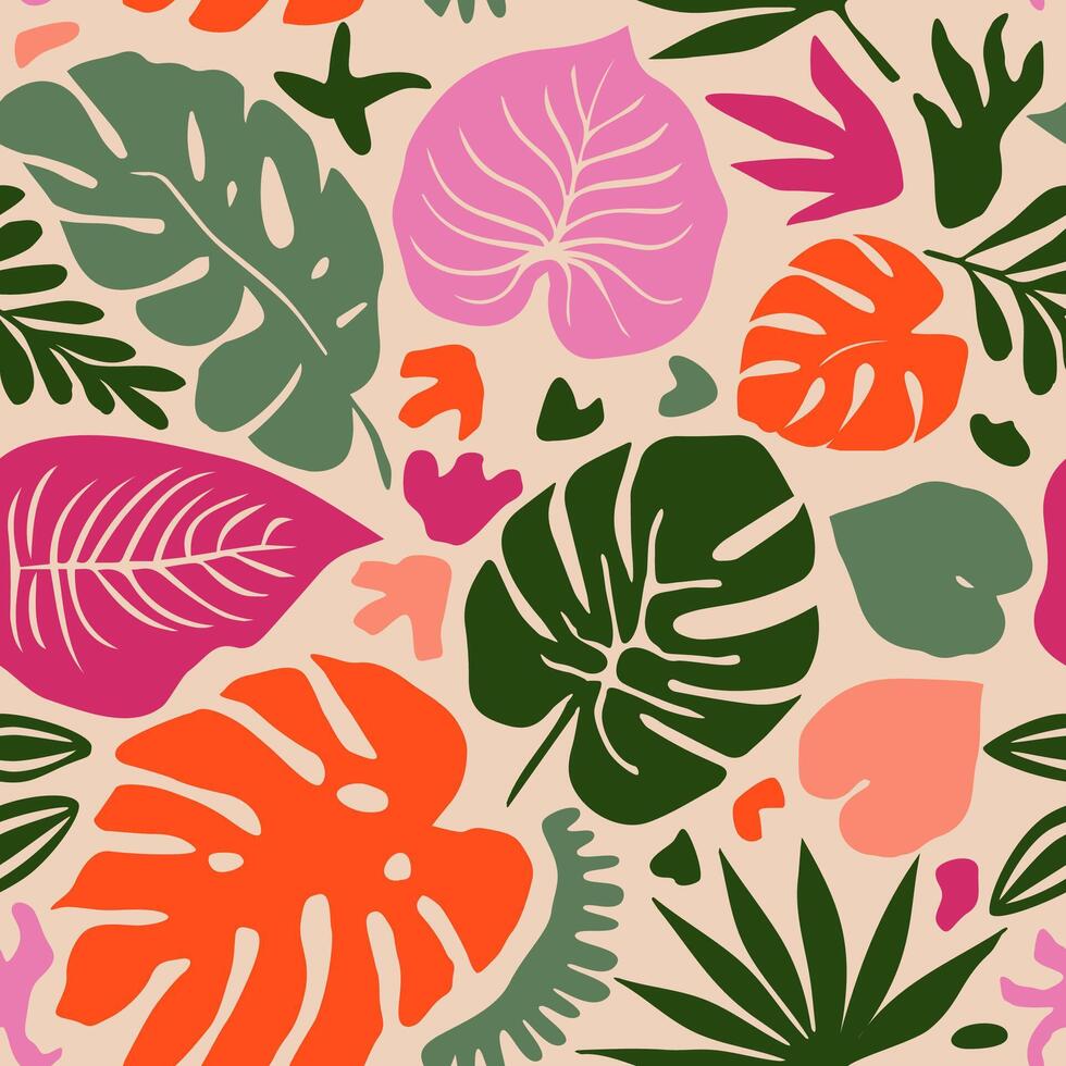 mano dibujado tropical sin costura patrón, fiesta y verano tiempo, vistoso estilo, natural adornos para textil, tela, pared arte, fondo de pantalla, póster y decoración antecedentes. vector