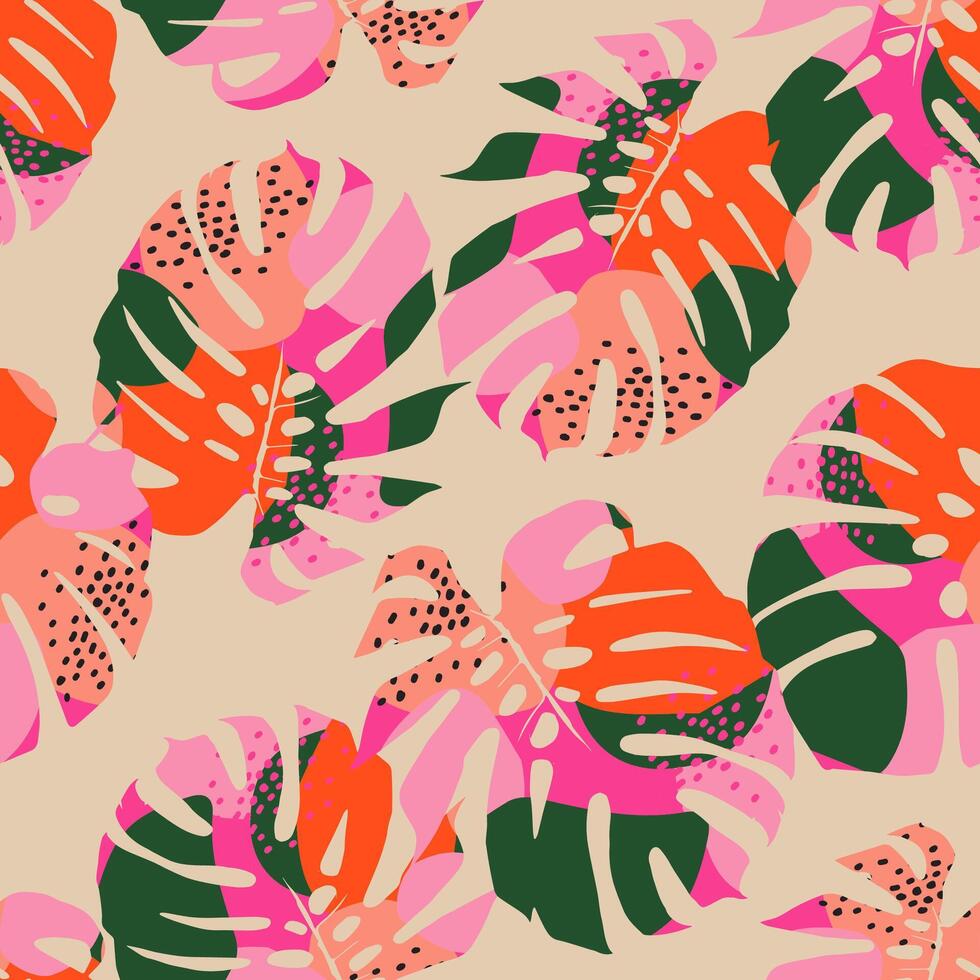 mano dibujado tropical sin costura patrón, fiesta y verano tiempo, vistoso estilo, natural adornos para textil, tela, pared arte, fondo de pantalla, póster y decoración antecedentes. vector