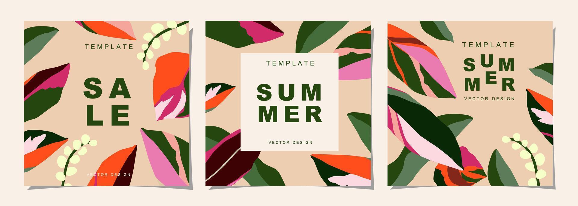 Tropicals template set for poster, cover, card, label, banner in modern minimalist style and simple summer design templates with tropical leaves, flower. vector