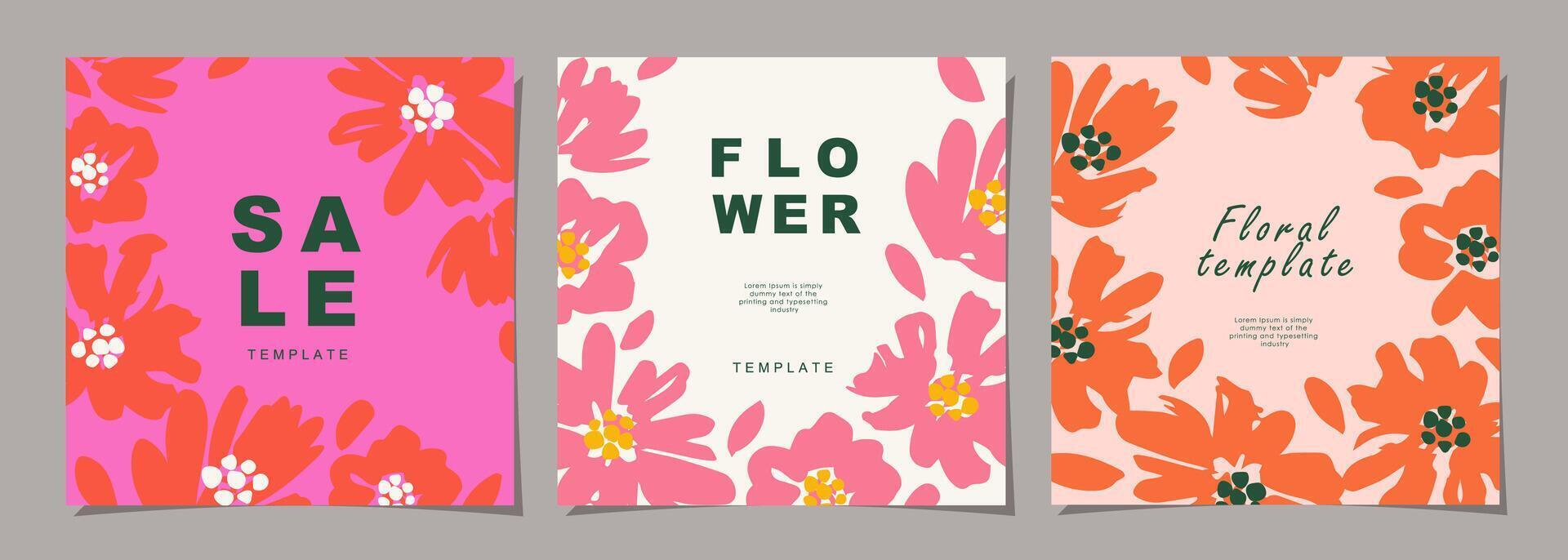 Floral template set for poster, card, cover, wall art, banner in modern minimalist style and simple summer design templates with flowers and plants. vector
