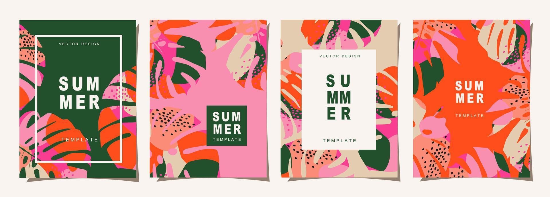 Tropicals template set for poster, cover, card, label, banner in modern minimalist style and simple summer design templates with tropical leaves, flower. vector