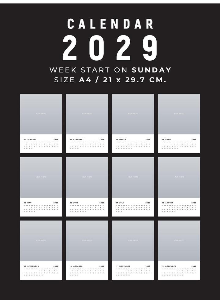 Calendar 2029 clean and minimal design size A4, Week start on sunday ...