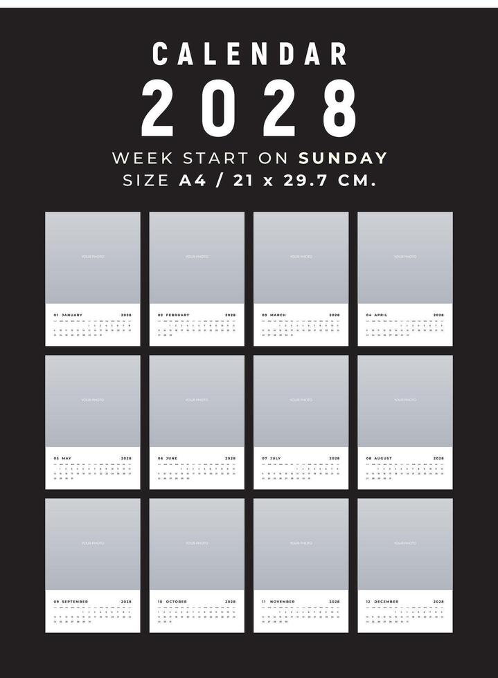 Calendar 2028 clean and minimal design size A4, Week start on sunday 44589588 Vector Art at Vecteezy