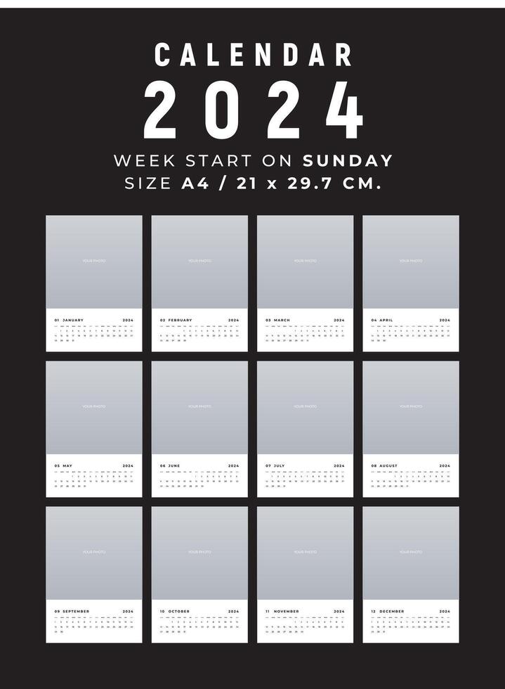 Calendar 2024 clean and minimal design size A4, Week start on sunday vector
