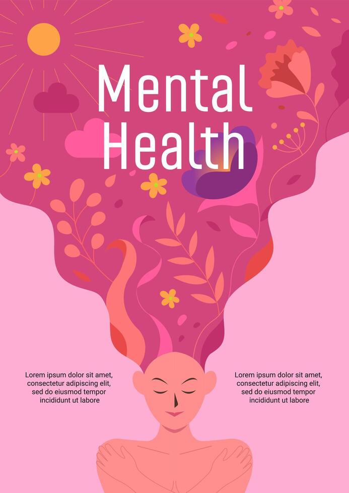 Positive mental health Poster, Woman thought, beautiful flowers in brain, people self care, Mental wellness., healthy head relax card or poster, illustration tidy cartoon flat concept vector