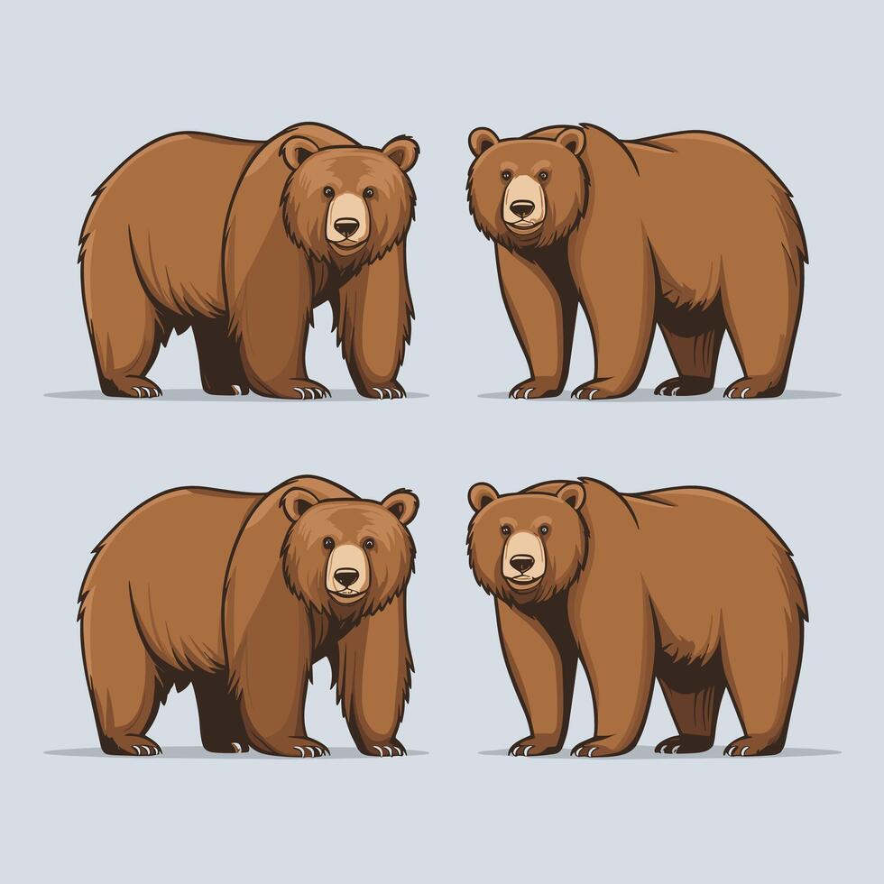 Set of bears in different poses. Wild brown Bear animal icons isolated on white background. Grizzly bear standing, sitting and walking. illustration. vector