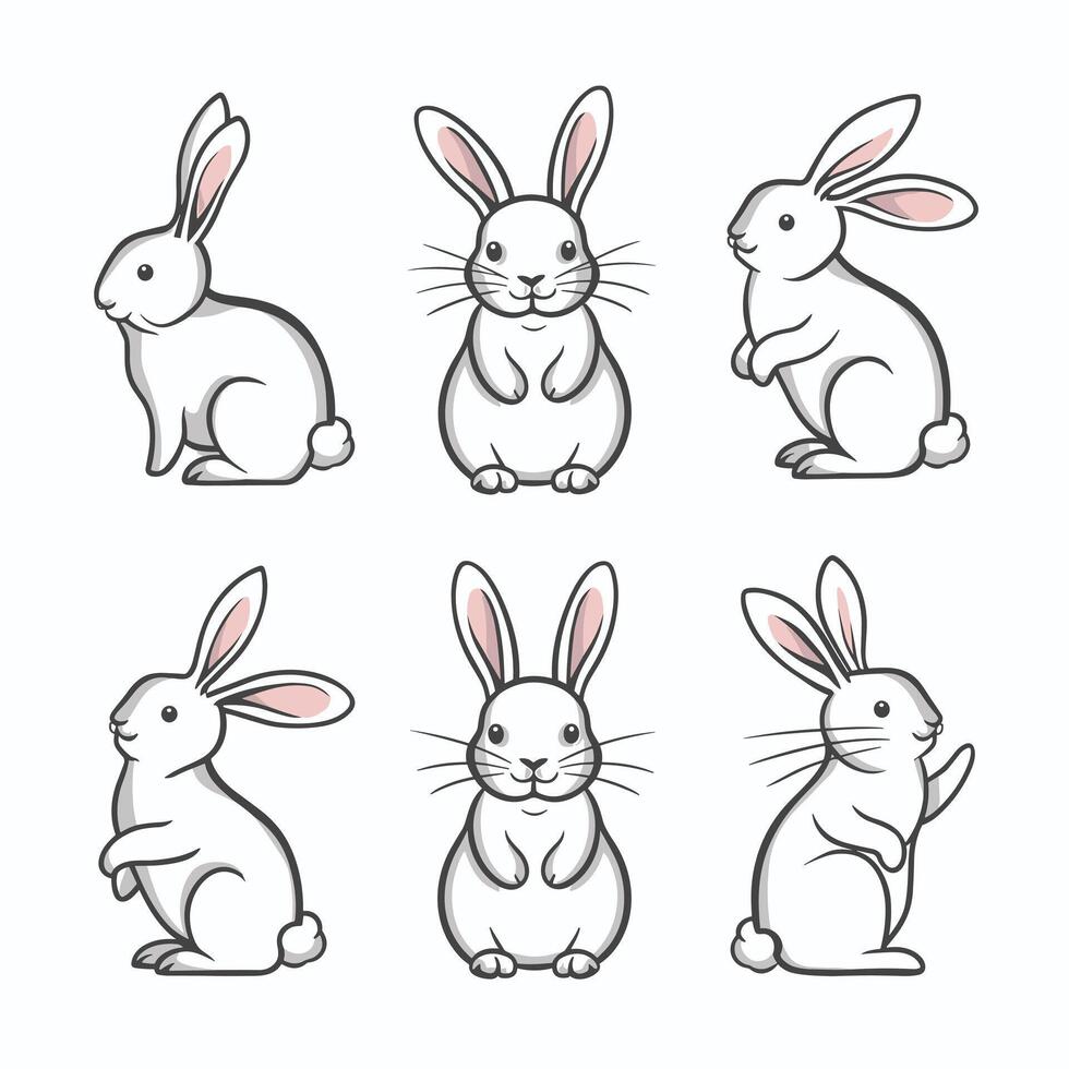 linda dibujos animados conejos gracioso peludo gris liebres, Pascua de Resurrección conejitos de pie, sesión, correr, saltando, durmiendo. conjunto de plano dibujos animados ilustraciones aislado en blanco antecedentes vector