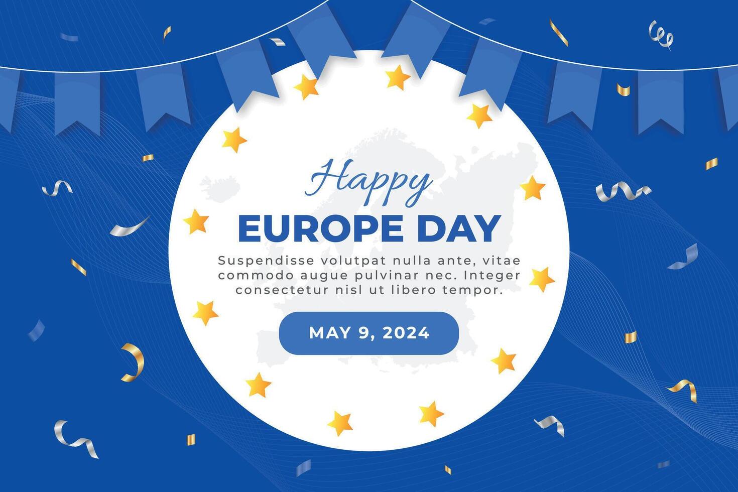 contento Europa día fondo, Noveno mayo. contento Europa independencia día bandera con bandera y papel picado vector