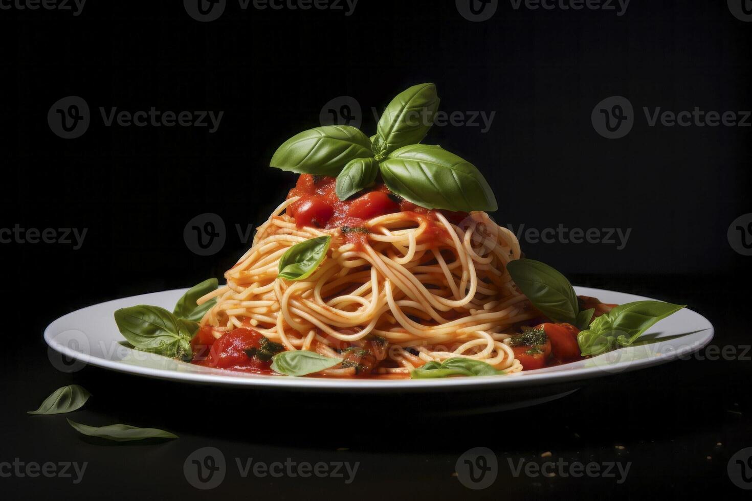 Delectable spaghetti paired with rich tomato sauce beautifully served on a rustic setting. photo