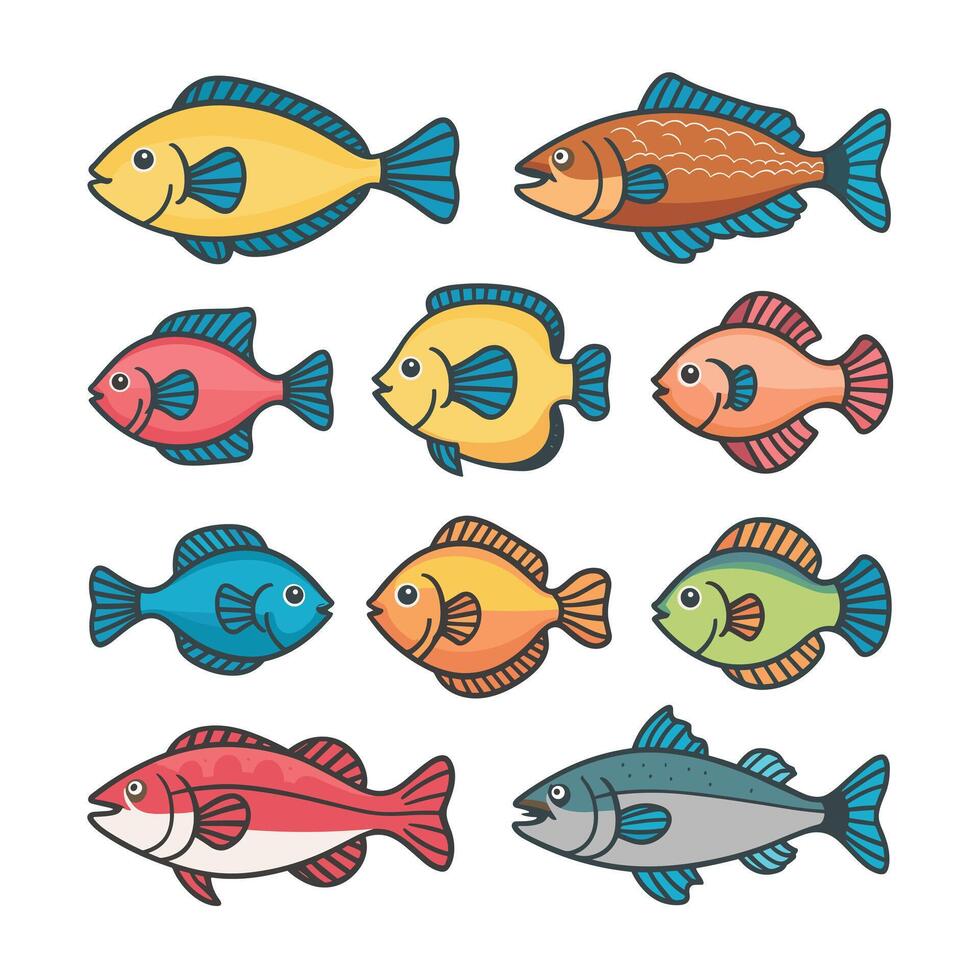 Collection of hand drawn cute fishes in flat style. Fishes body icons big set. illustration for icon, logo, print, icon, card, emblem, label. Aquarium. vector