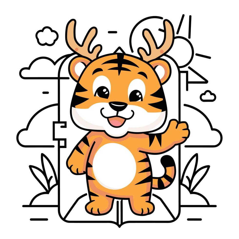 Cute tiger - cartoon animal character. illustration in flat style isolated on gray background. vector