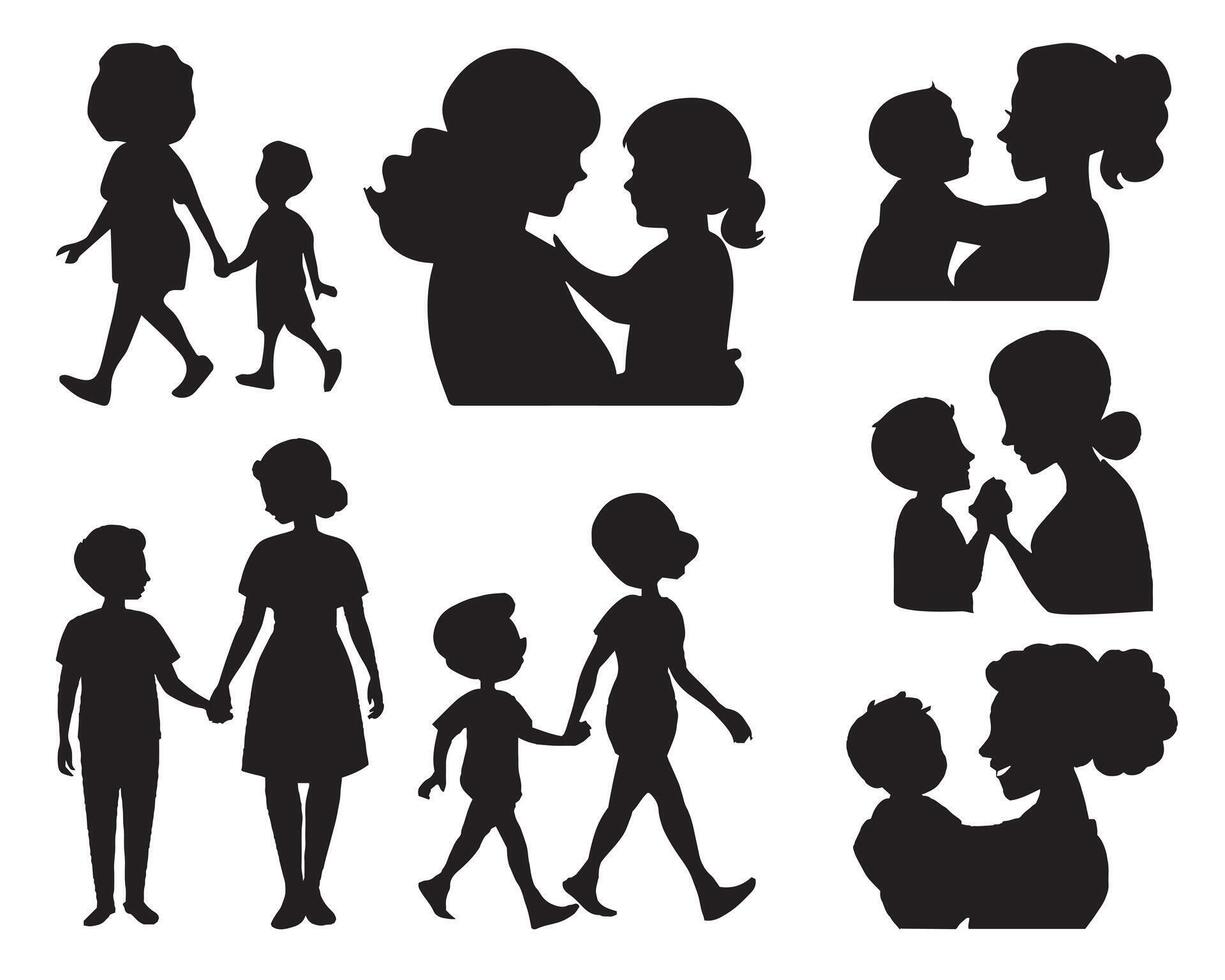 Mon and Son or Mother and Son Black Silhouettes illustration. Happy Mother's Day concept vector