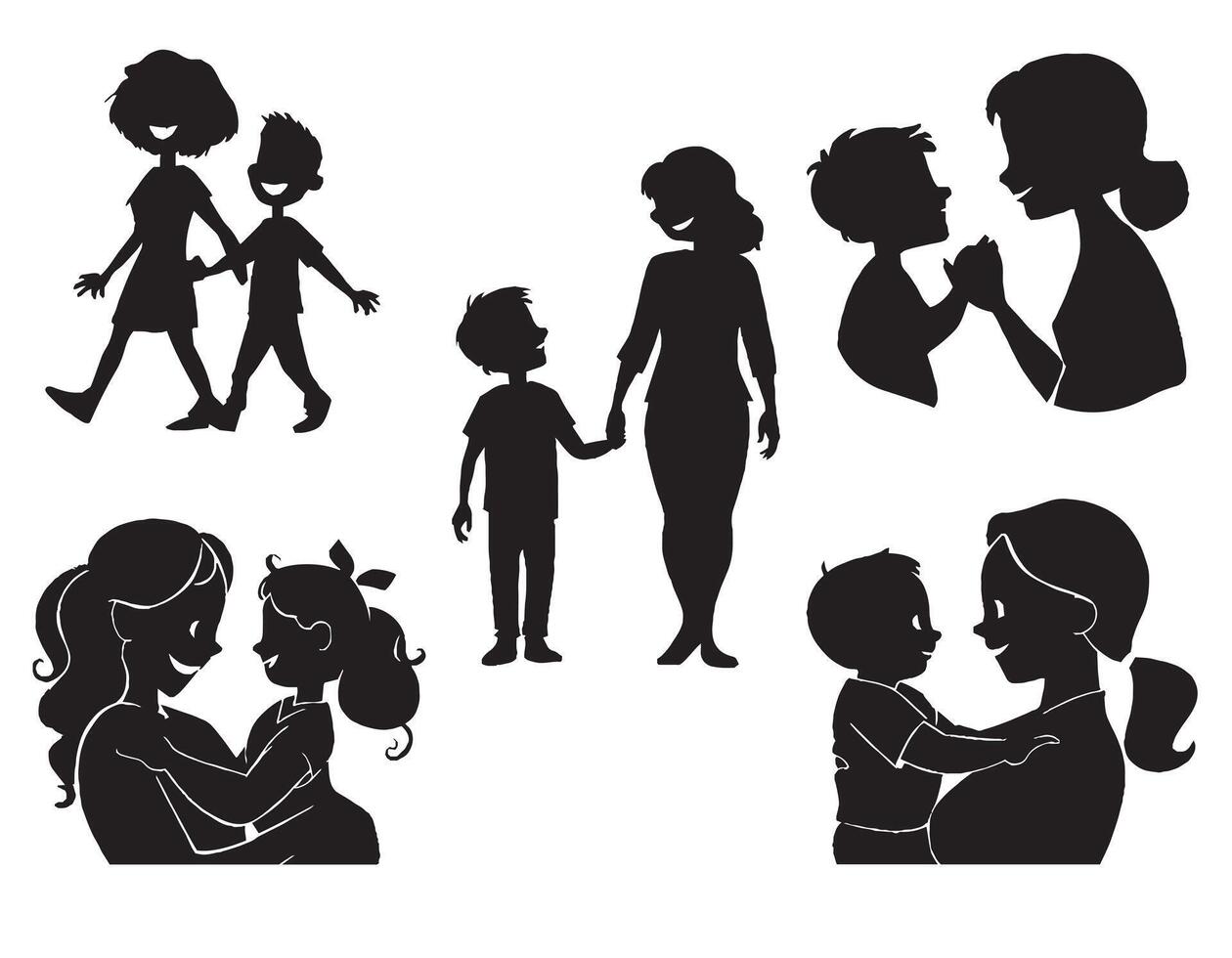Mon and Son or Mother and Son Black Silhouettes illustration. Happy Mother's Day concept vector