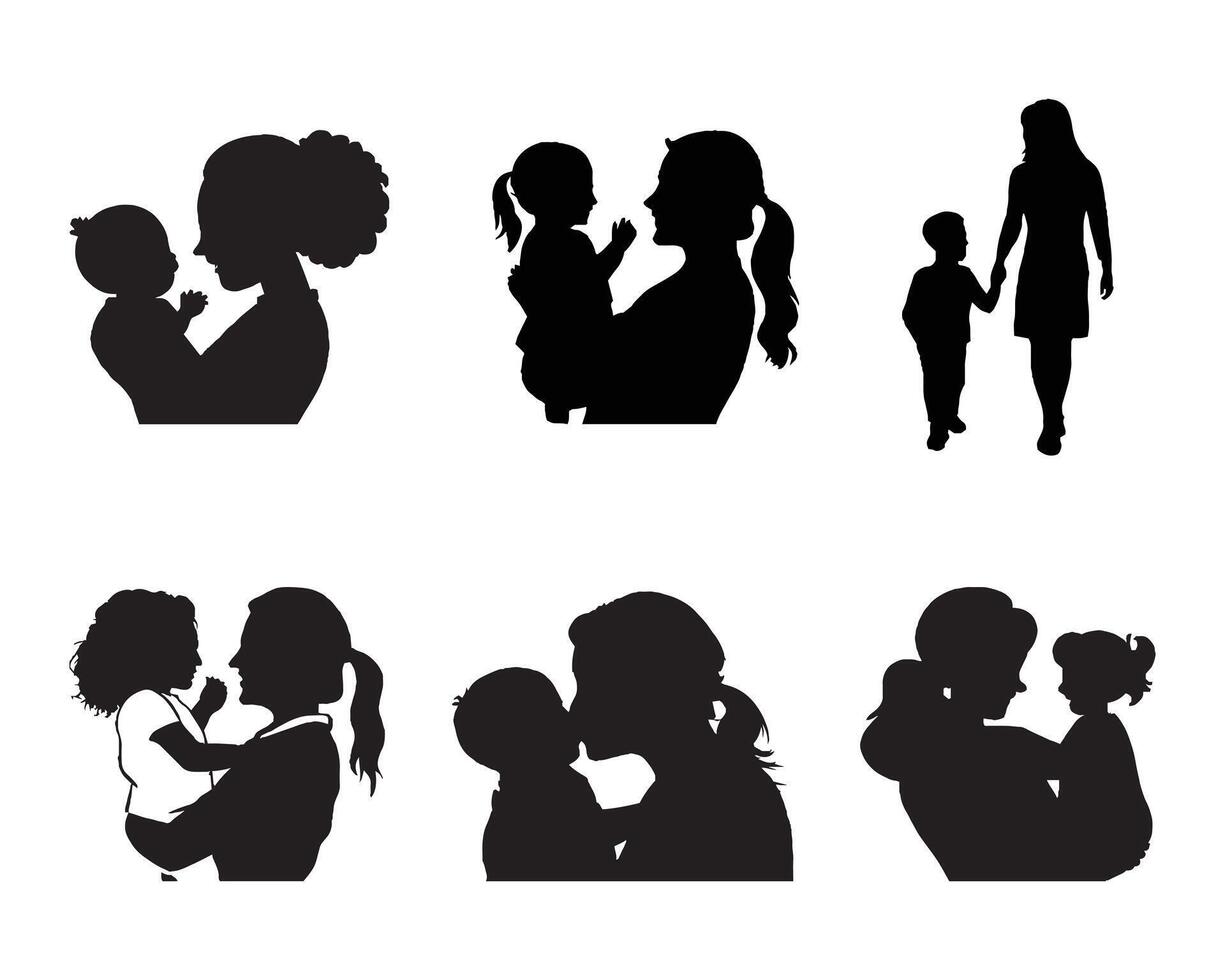 Mon and Son or Mother and Son Black Silhouettes illustration. Happy Mother's Day concept vector