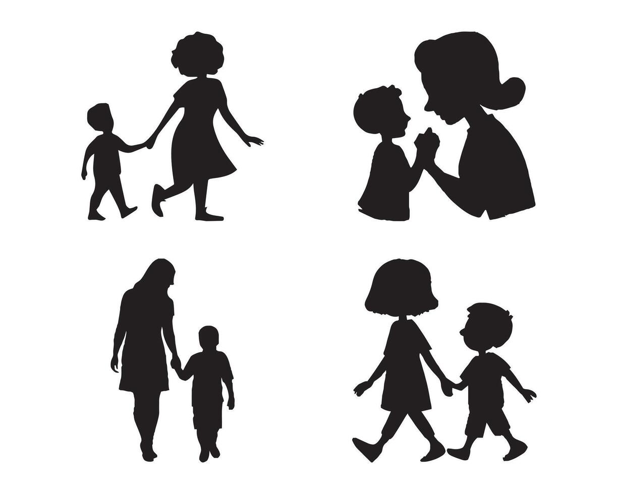 Mon and Son or Mother and Son Black Silhouettes illustration. Happy Mother's Day concept vector