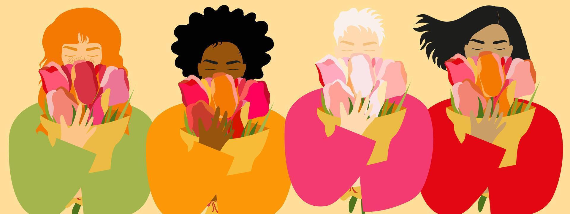 Group of different abstract women of different races with a bouquet of colorful tulips. Colorful minimalistic illustration for greeting cards and banners for Happy Women's Day, birthday. vector