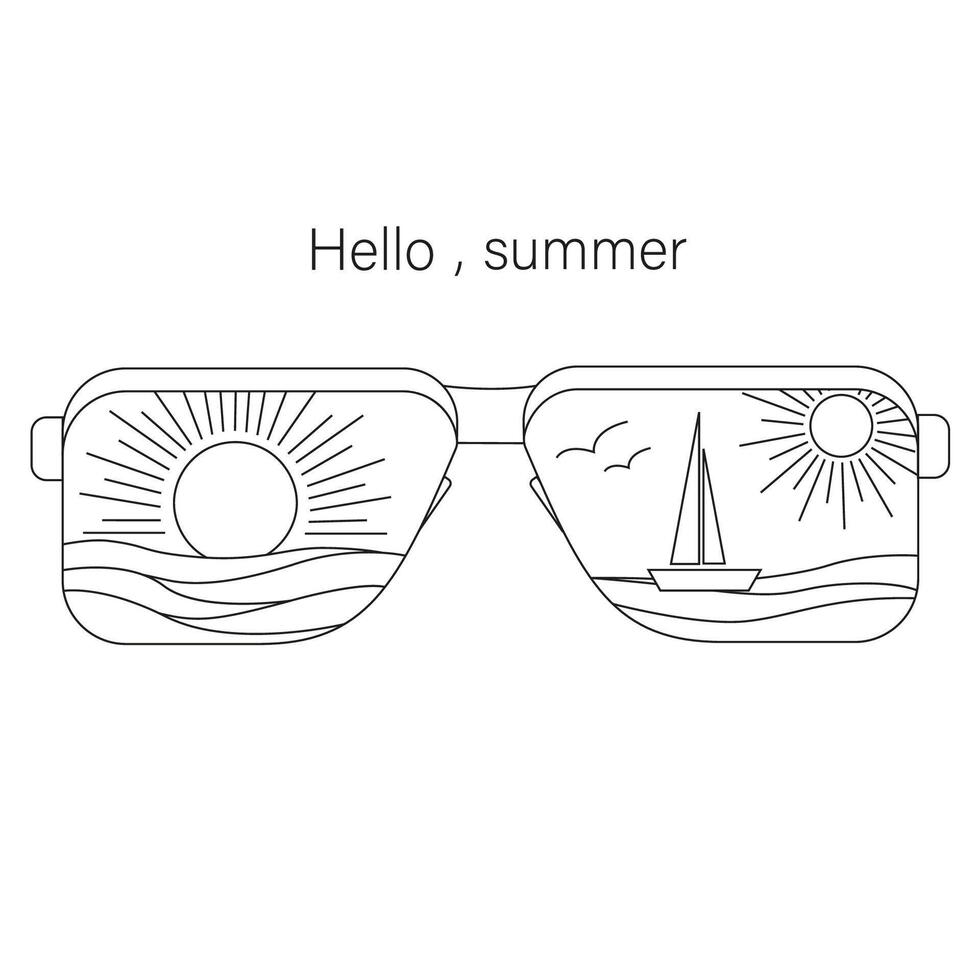 Sunglasses that reflect the sun, sea, sailboat and seagulls. Monolinear minimalistic illustration. Outline design isolated on white background. vector