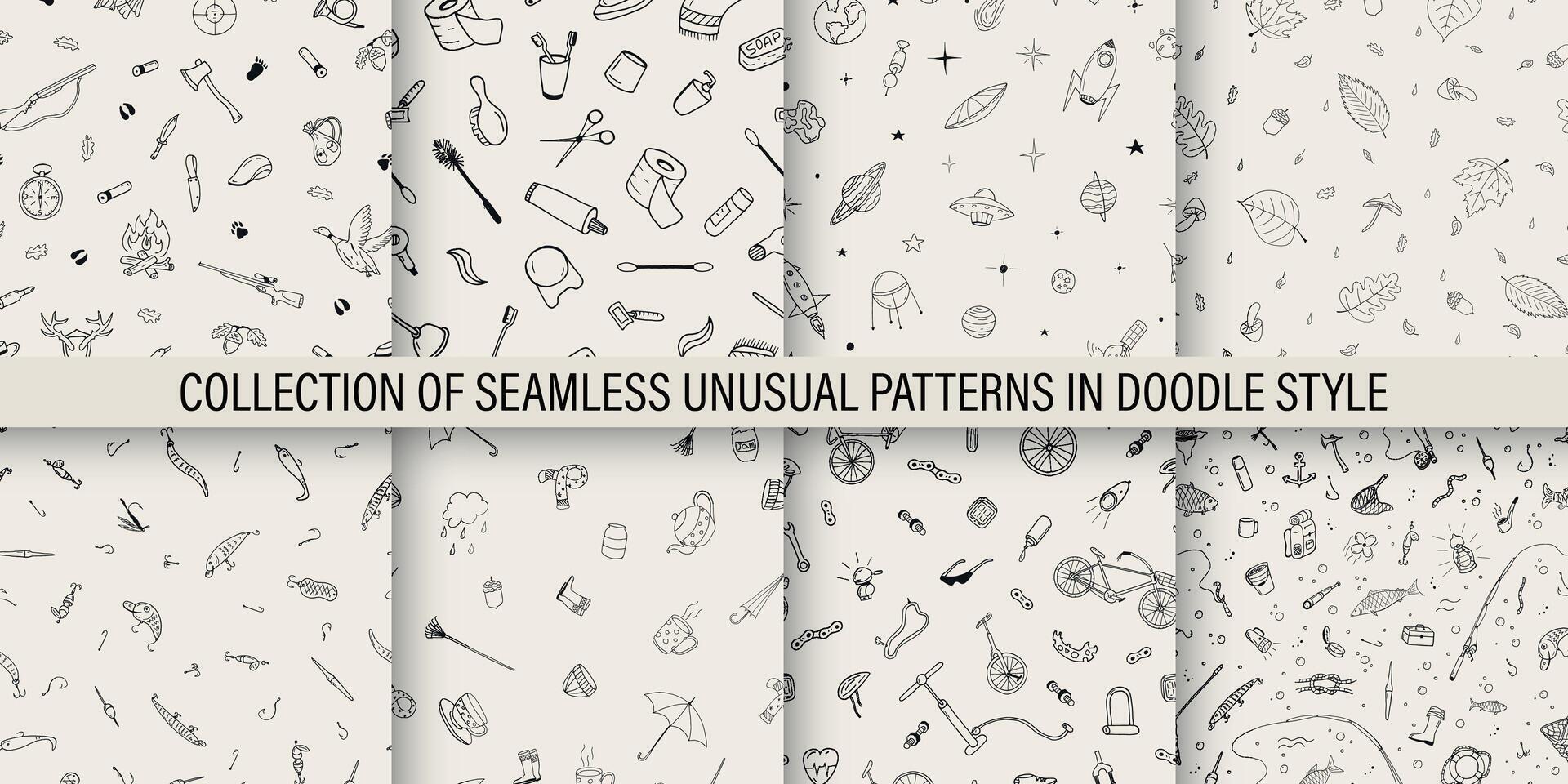 Collection of seamless hand drawn patterns in doodle style. monochrome drawing backgrounds. Fun creative fabric prints vector