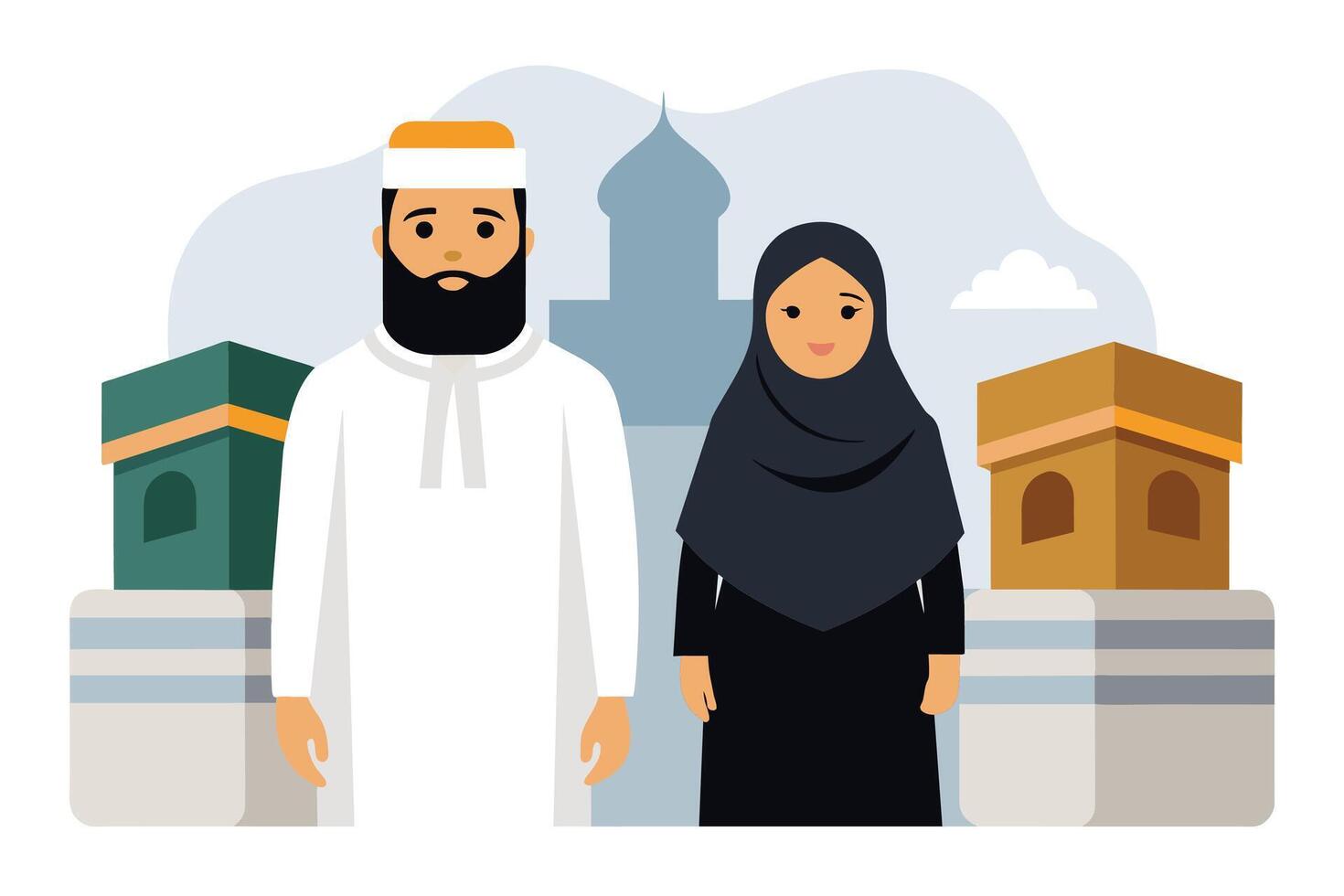 A dignified man and woman dressed in traditional Hajj attire vector