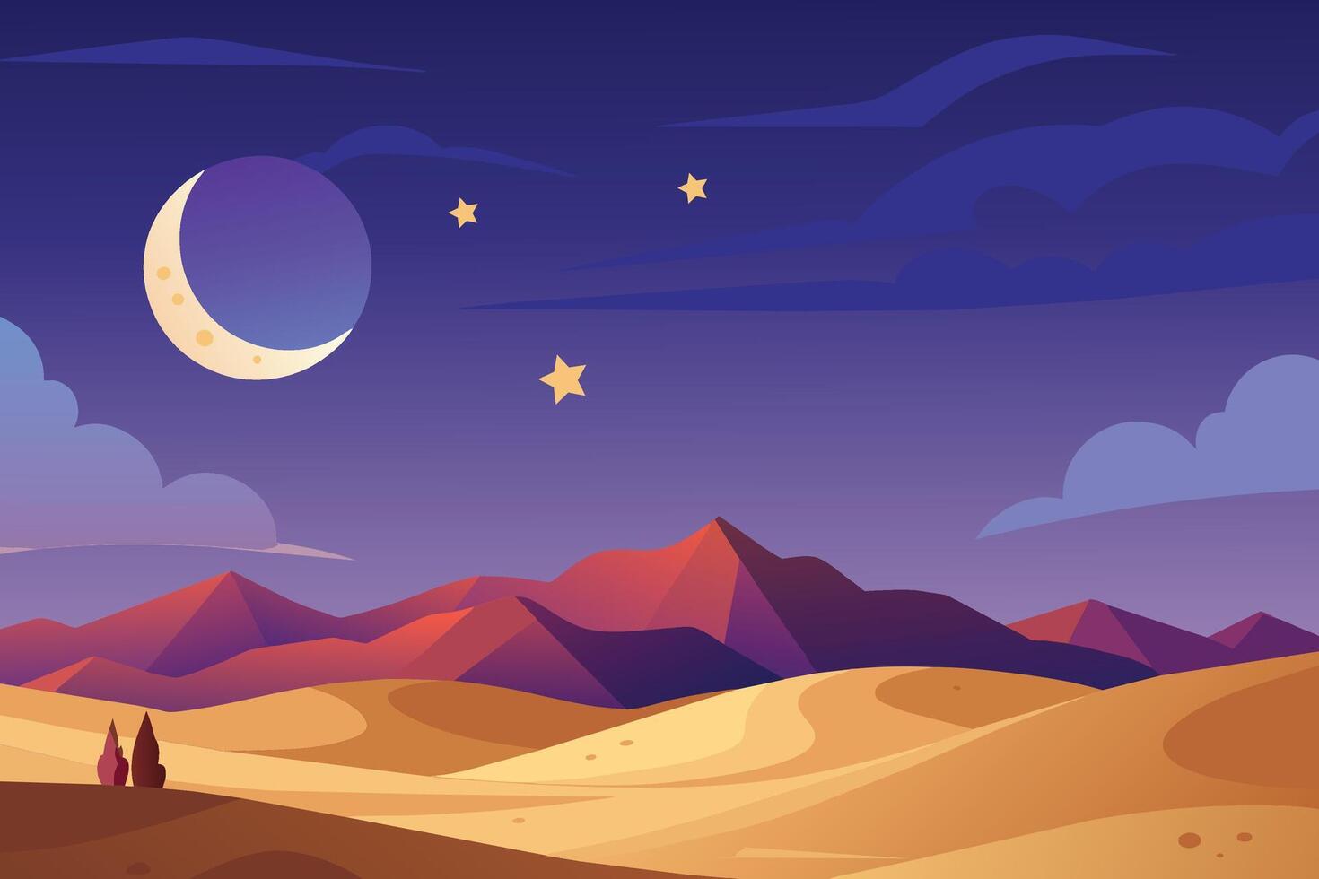 un sereno Desierto paisaje debajo un estrellado noche cielo vector