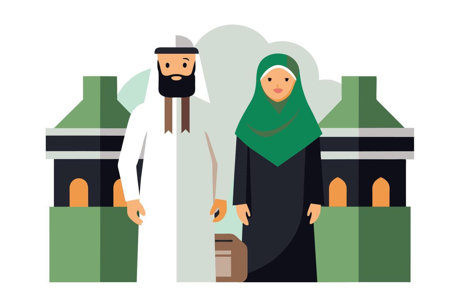 A dignified man and woman dressed in traditional Hajj attire vector