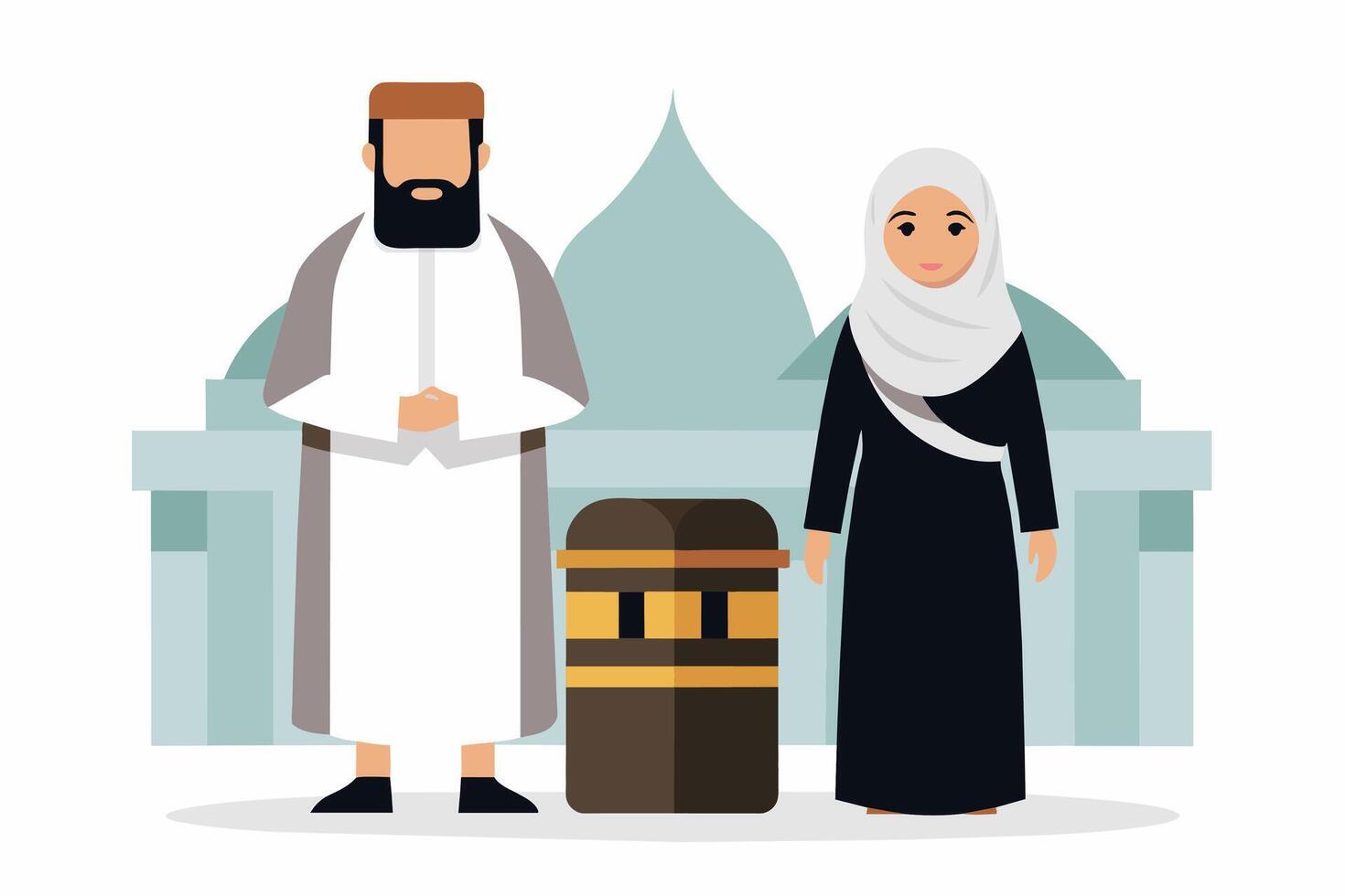 A dignified man and woman dressed in traditional Hajj attire vector